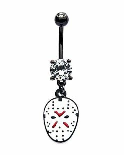Coupon 😍 CZ White Jason Voorhees Mask Dangle Belly Ring 14 Gauge - Friday the 13th 🧨