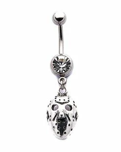 Discount ❤️ Silvertone Jason Voorhees Mask Dangle Belly Ring 14 Gauge - Friday the 13th 😍