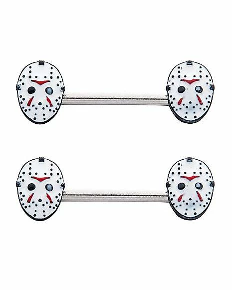 Wholesale π White Jason Voorhees Mask Nipple Barbells 14 Gauge - Friday the 13th π