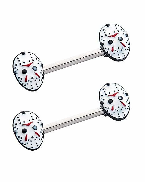 Wholesale π White Jason Voorhees Mask Nipple Barbells 14 Gauge - Friday the 13th π - Image 2