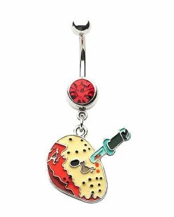Promo 🥰 CZ Knife Jason Voorhees Mask Dangle Belly Ring 14 Gauge - Friday the 13th 😍